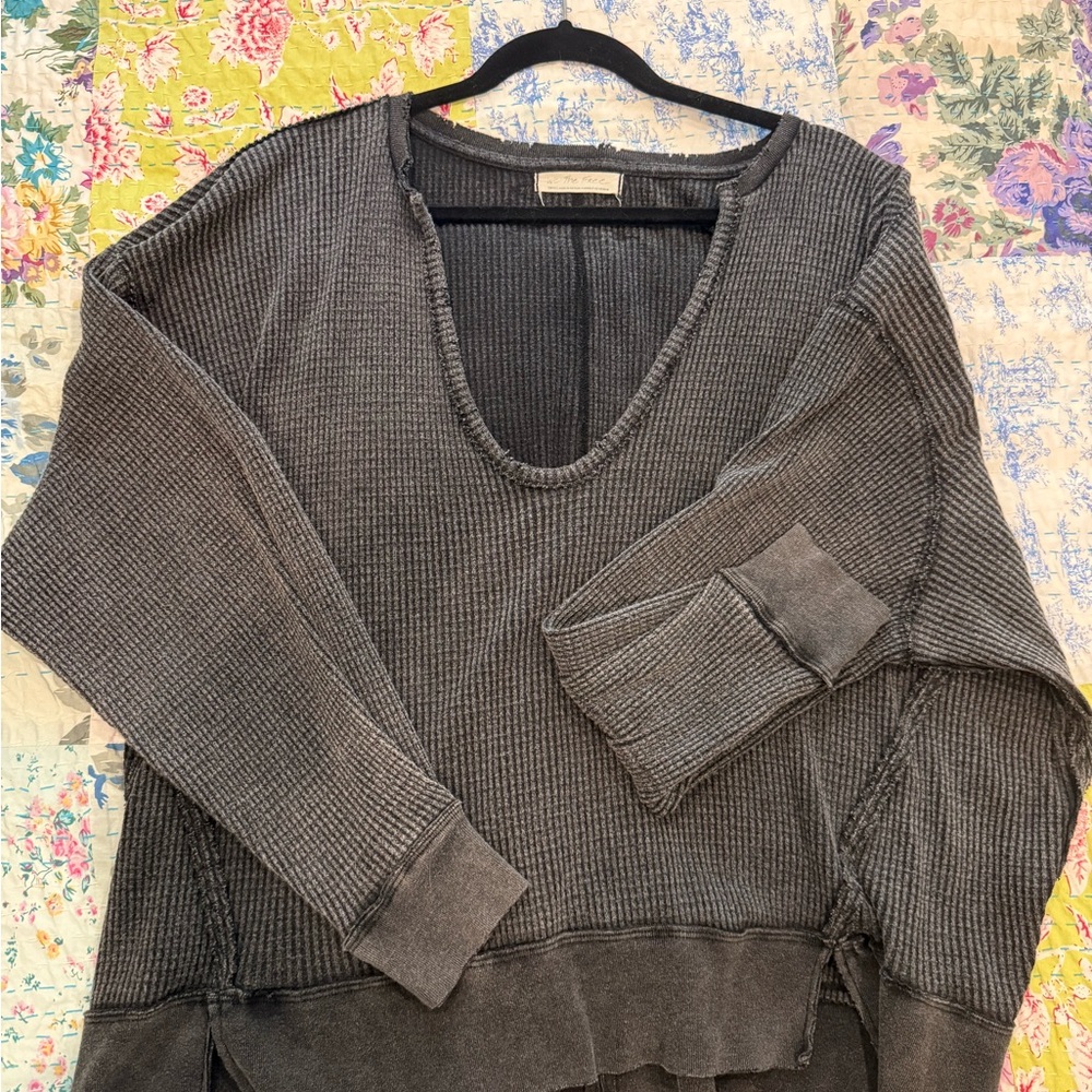 We The Free Washed Charcoal V-Neck Waffle Knit Thermal